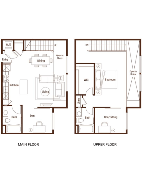 Floor plan for 1 bed, 2 baths, 980 sqft